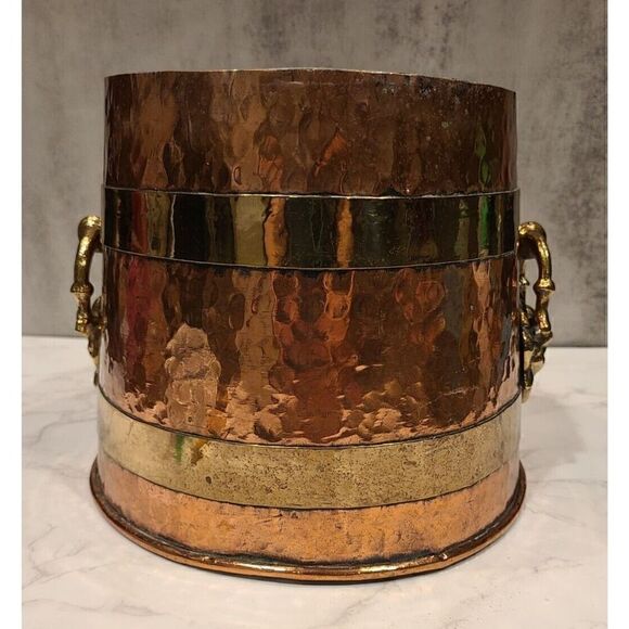 French Lion Hammered Copper Brass Jardiniere Planter Knocker Handles Décor 7"x9" - Picture 15 of 16